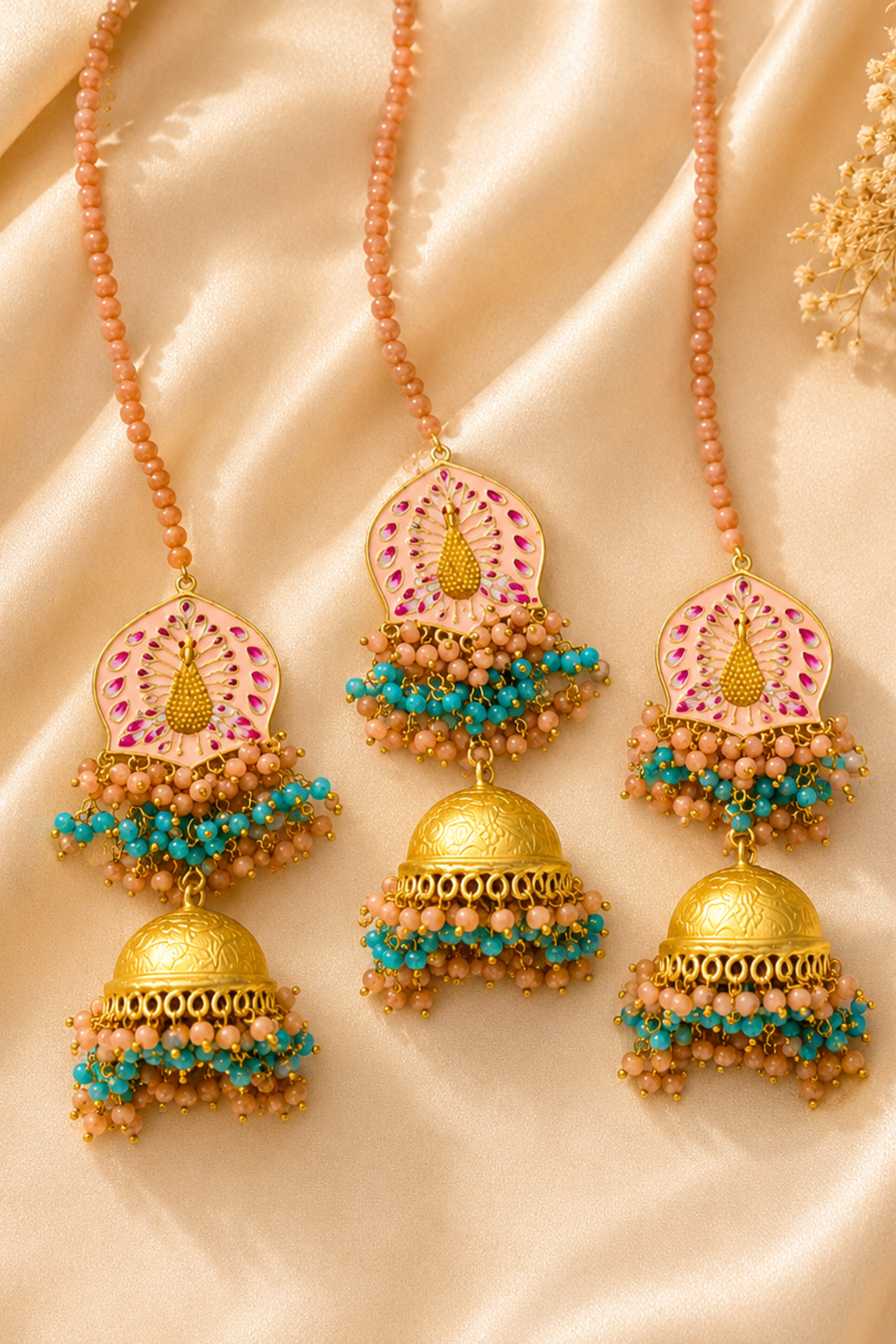 Gold Plated Kundan Meena Earrings with Maangtika