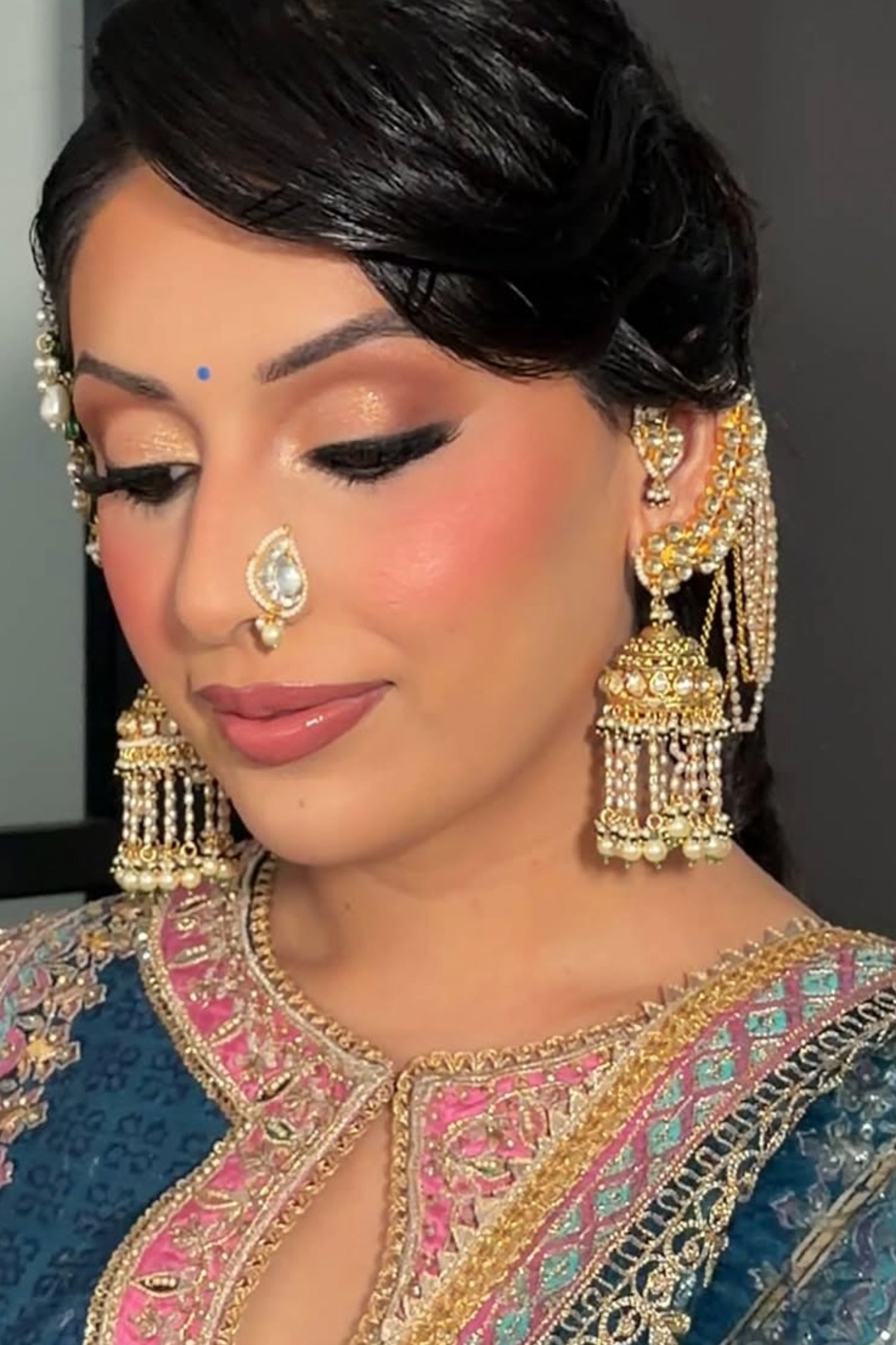 Rasha Pachi Kundan Jhumkas with Earchains
