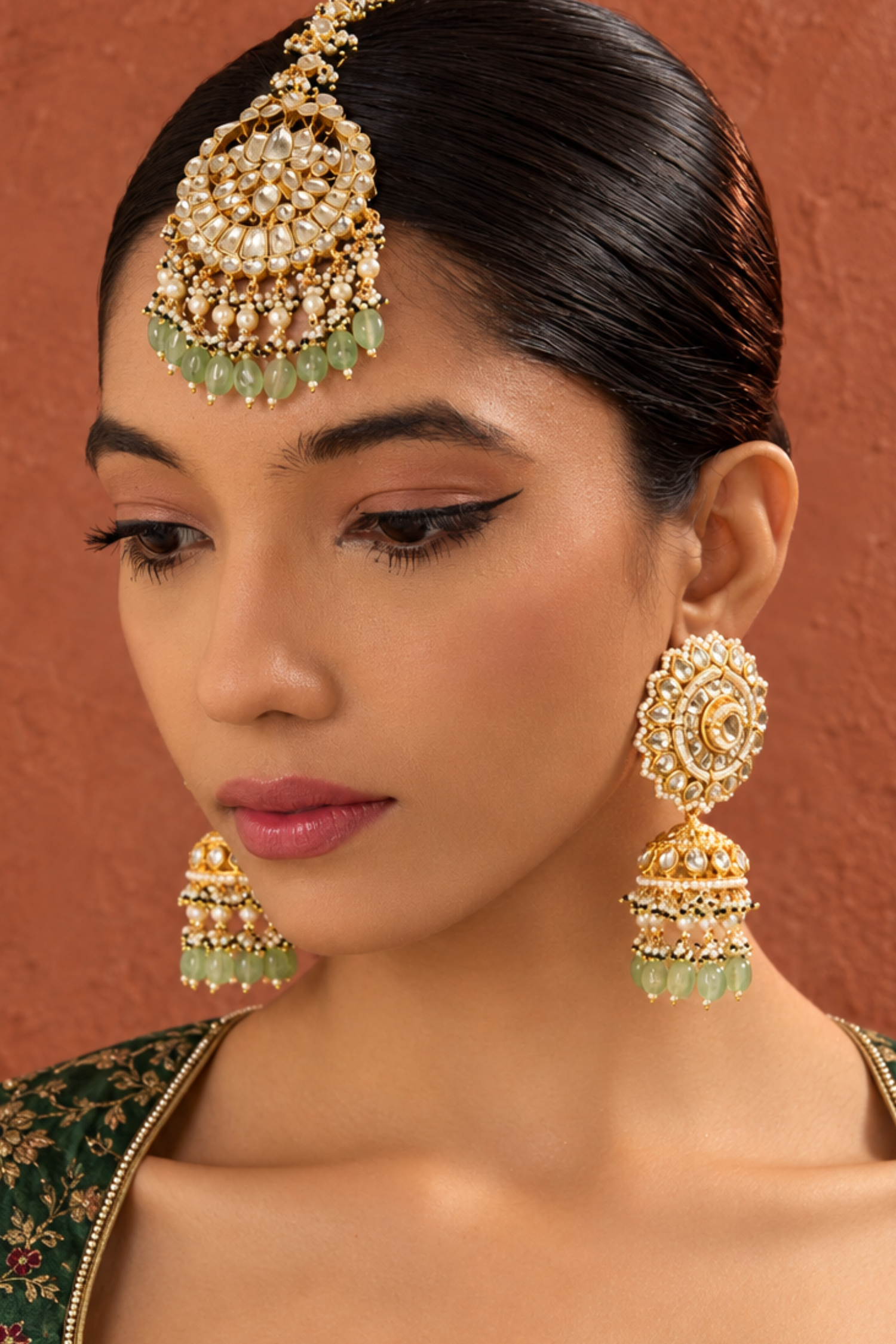 Mahalaxmi Pachi Kundan Earrings With Maangtika