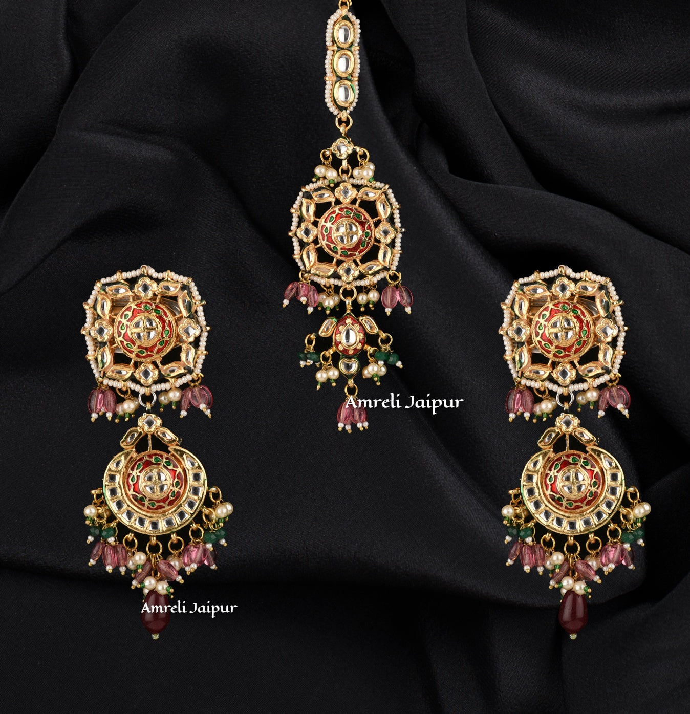 Maneer Kundan Meena Earrings with Maangtika