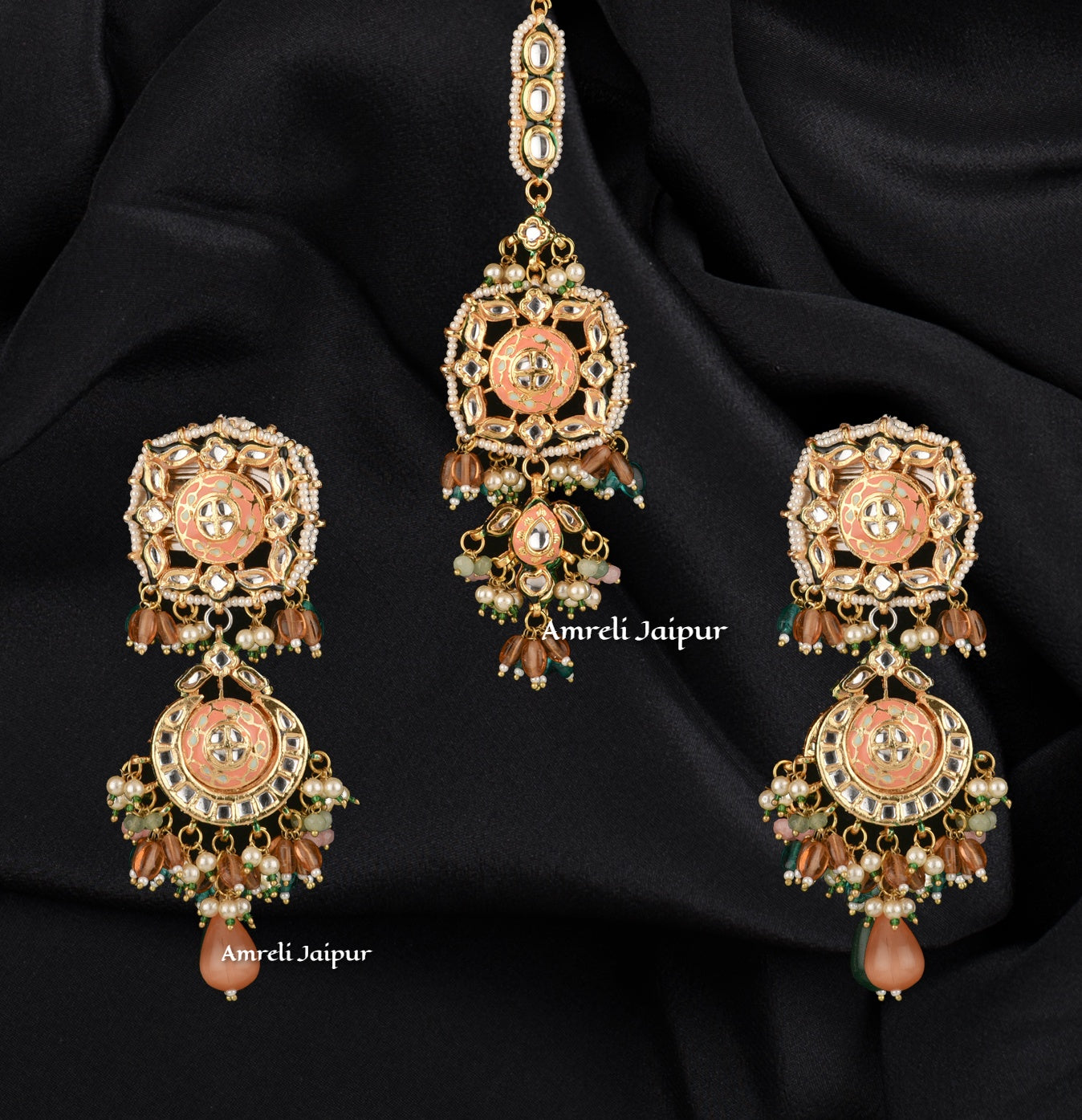 Maneer Kundan Meena Earrings with Maangtika