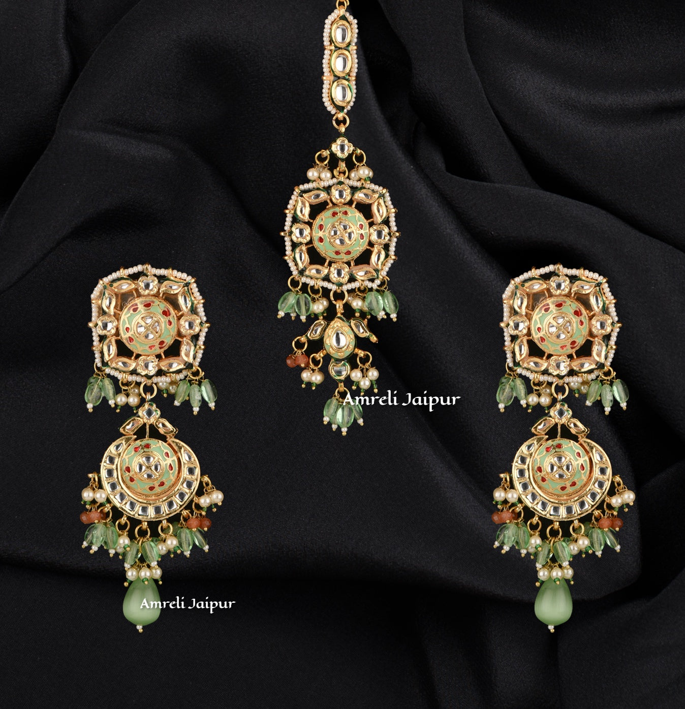 Maneer Kundan Meena Earrings with Maangtika