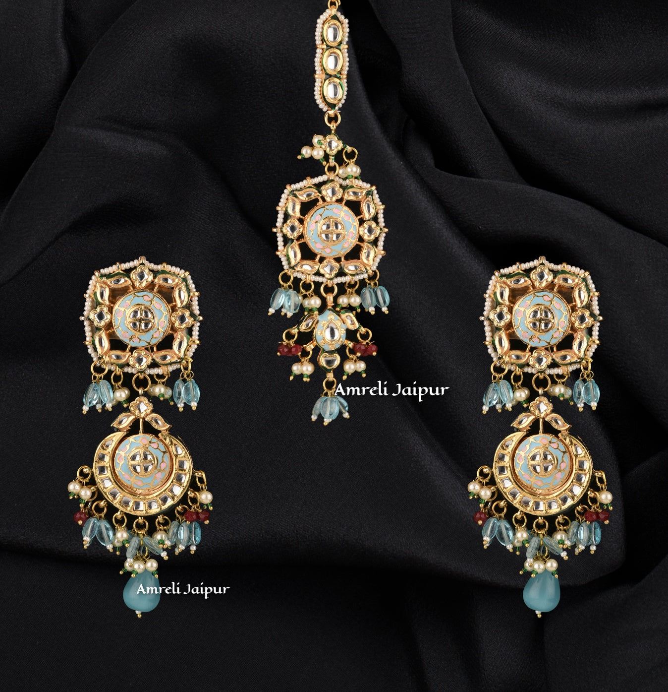 Maneer Kundan Meena Earrings with Maangtika