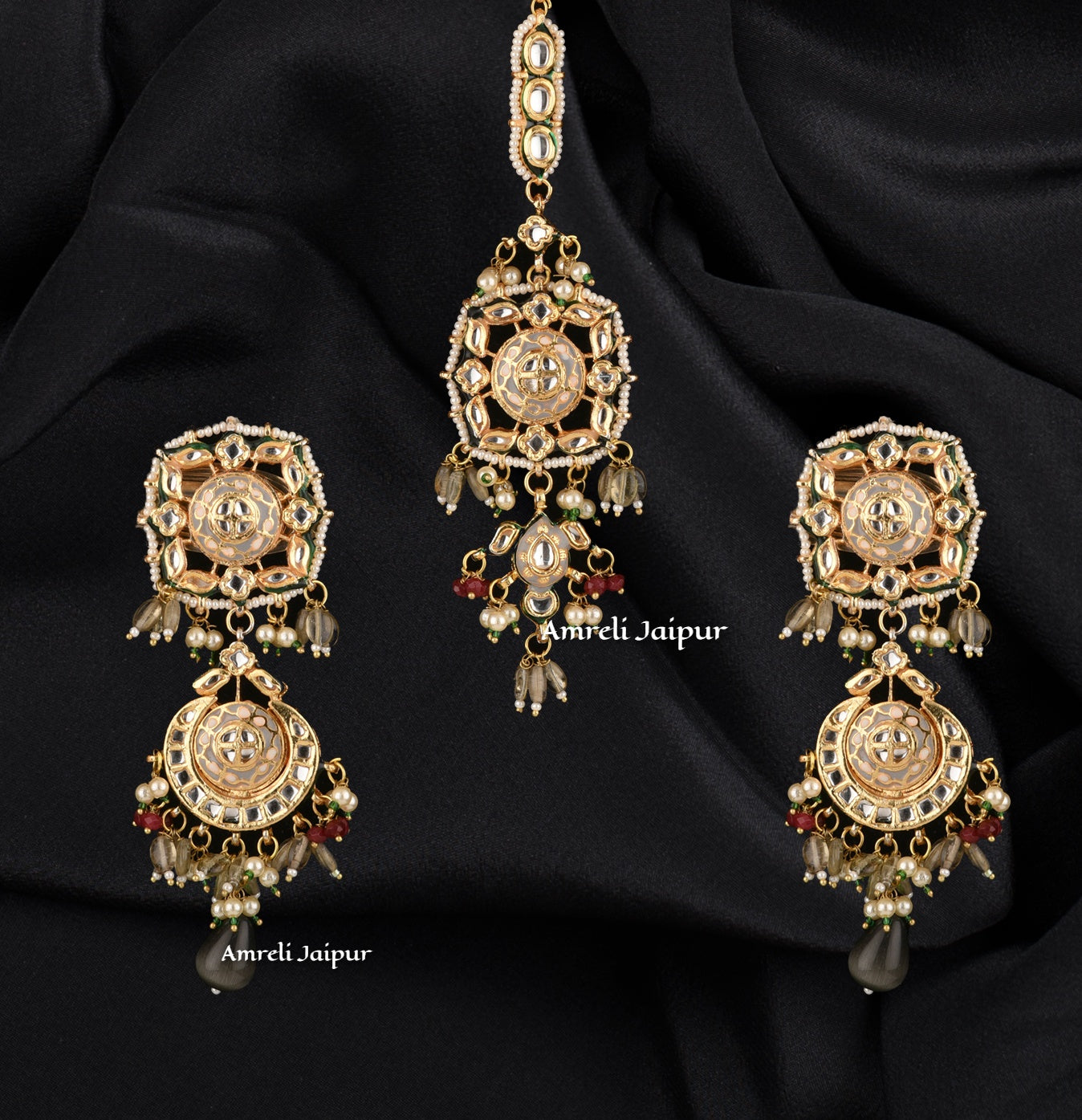 Maneer Kundan Meena Earrings with Maangtika