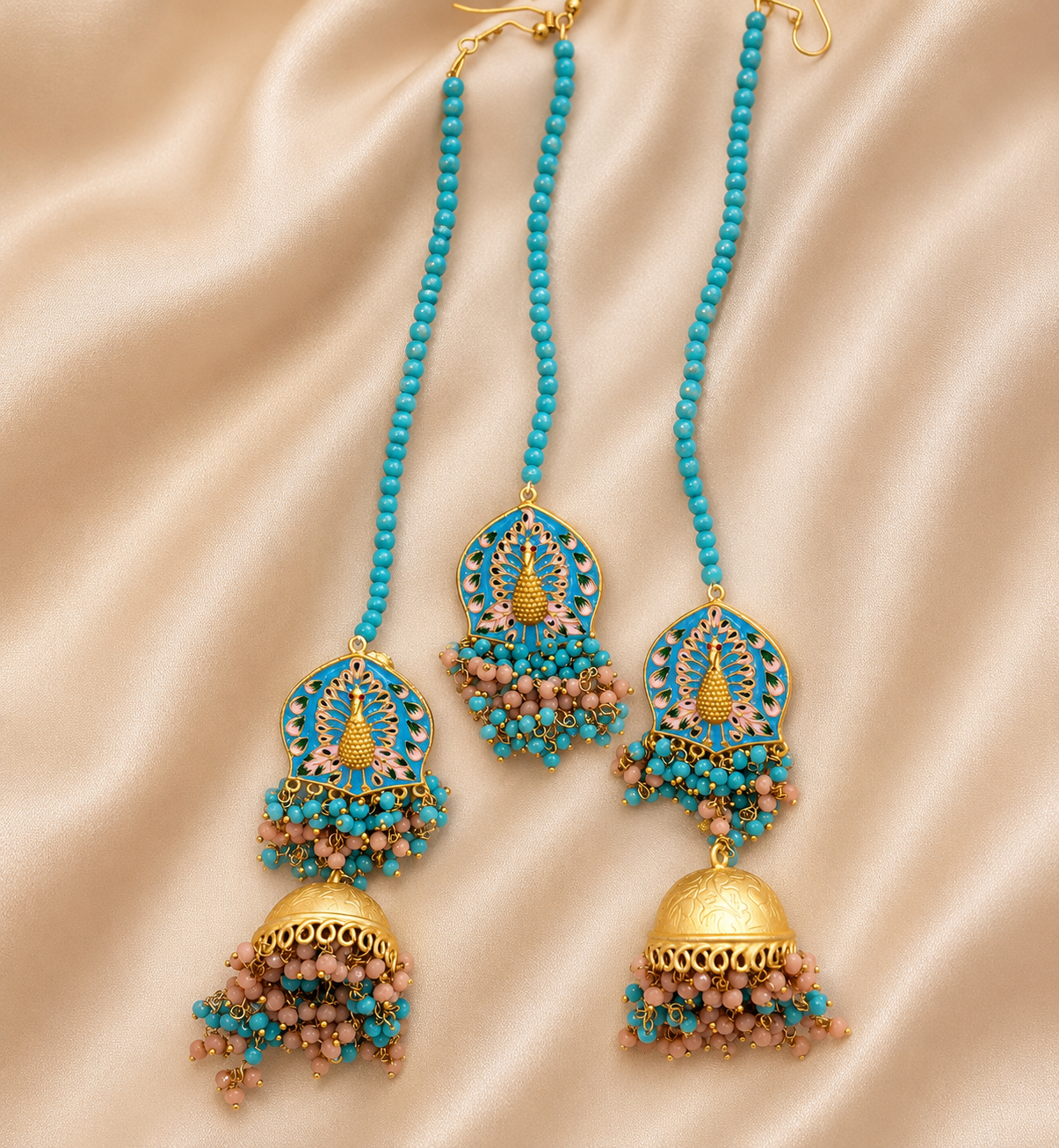 Gold Plated Kundan Meena Earrings with Maangtika