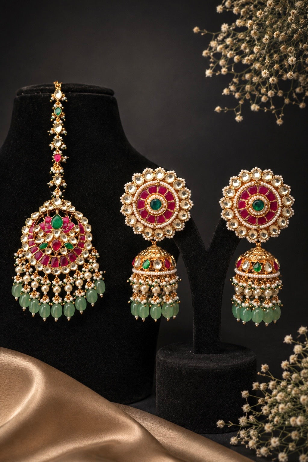 Noorana Pachi Kundan Earrings With Maangtika