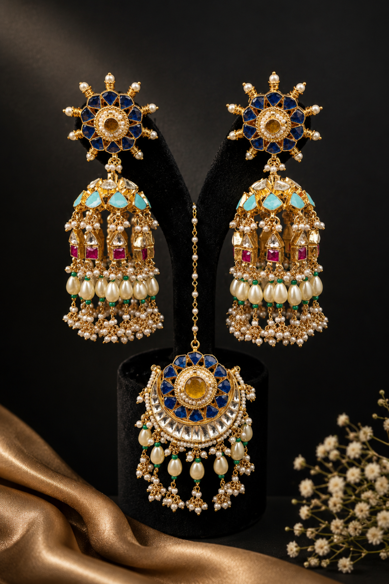 Nirvi Pachi Kundan Earrings with Maangtika