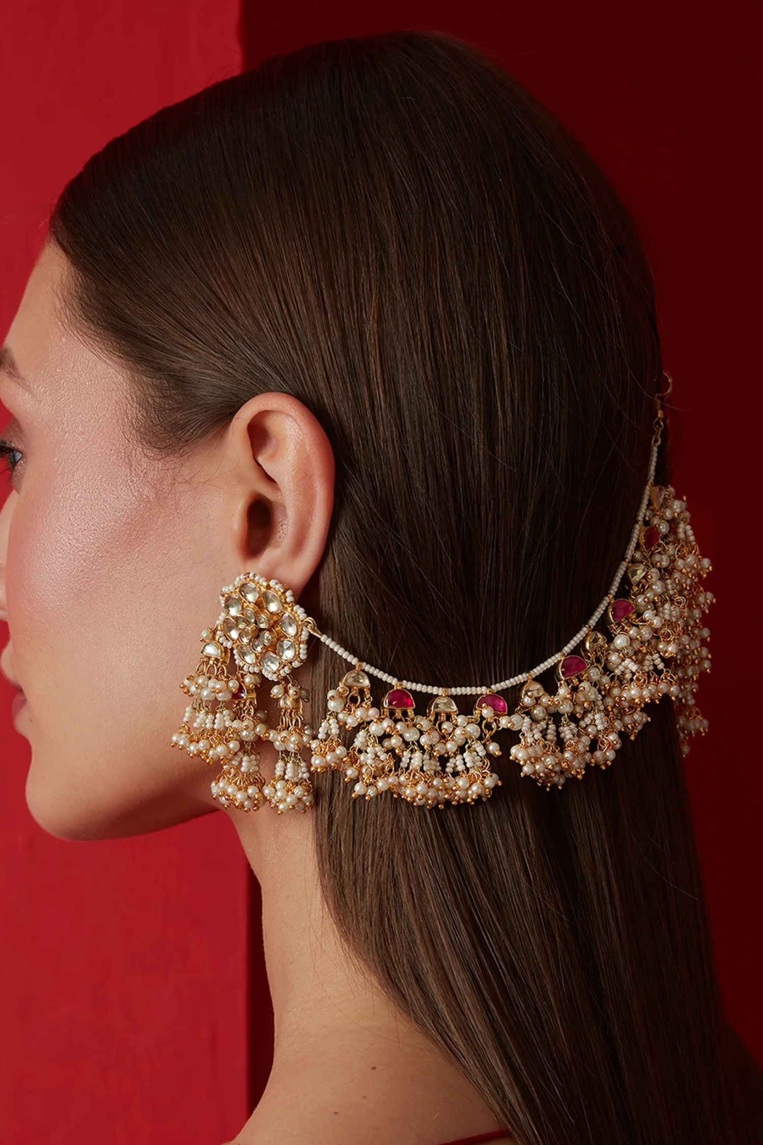 Rizen Pachi Kundan Earrings with Earchains