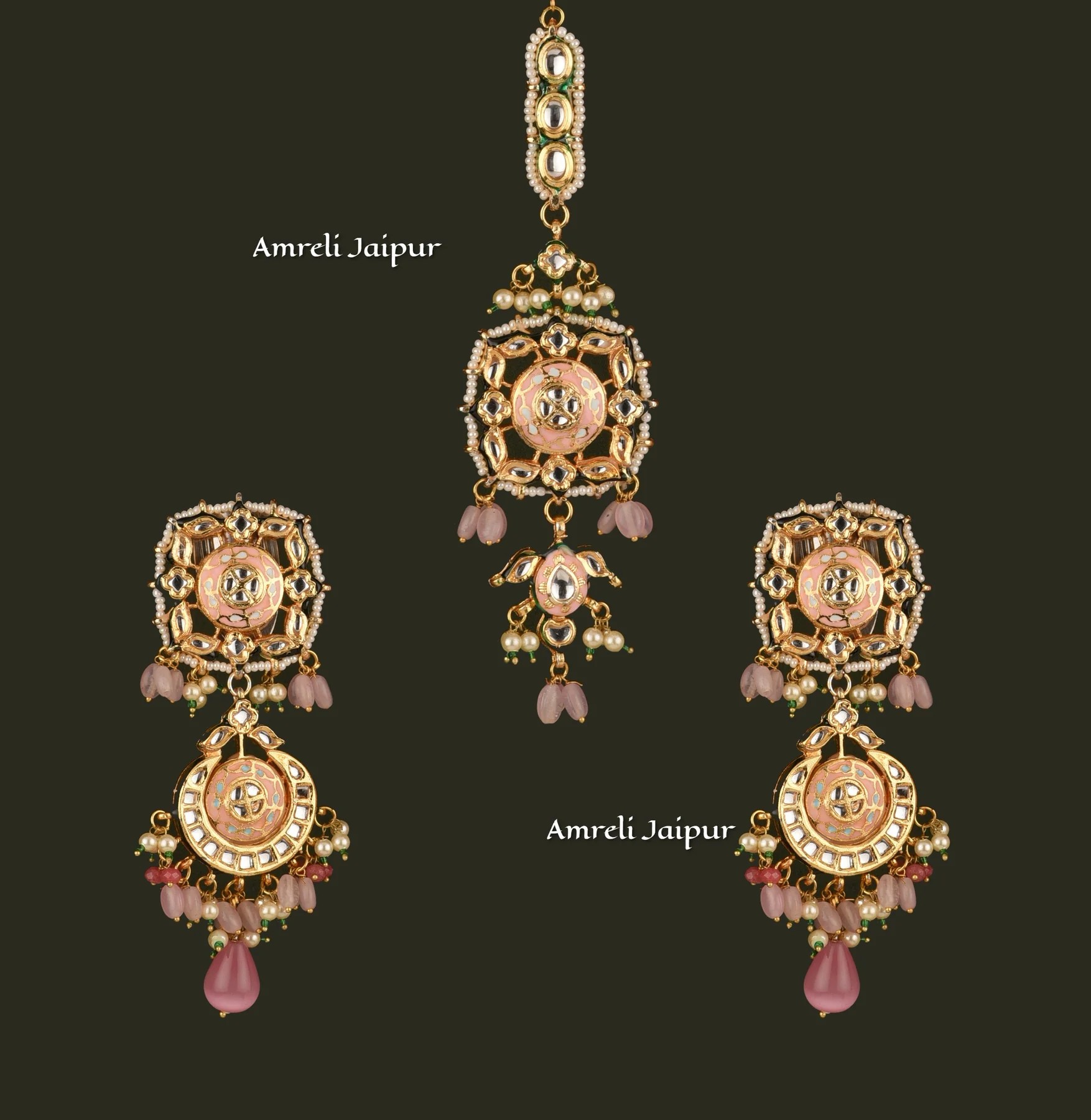 Maneer Kundan Meena Earrings with Maangtika