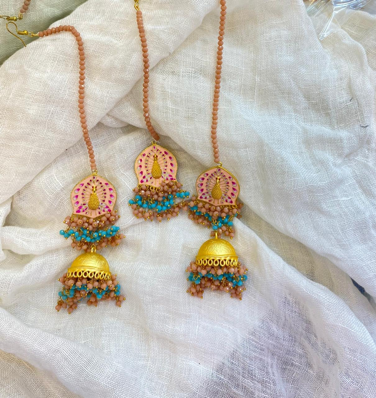 Gold Plated Kundan Meena Earrings with Maangtika